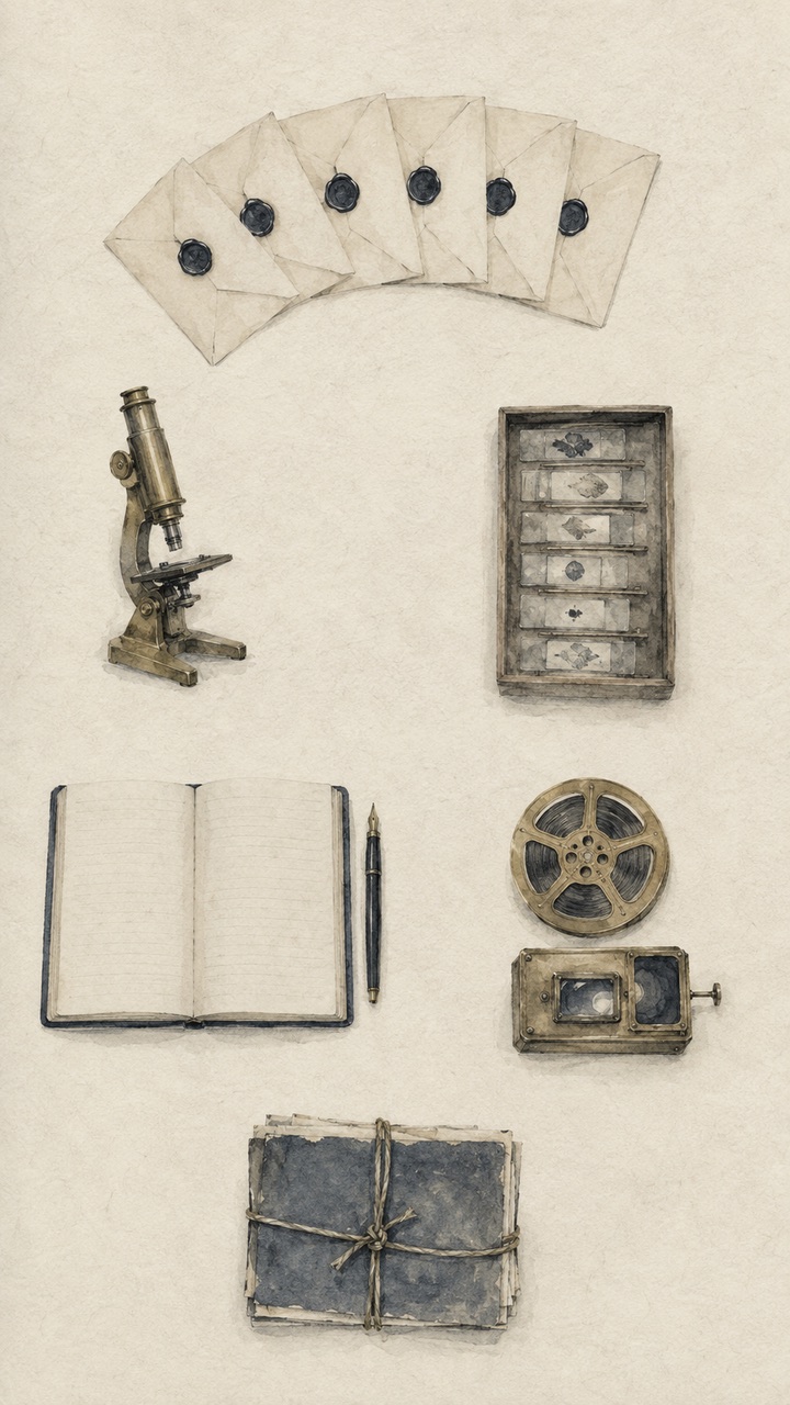 The keeper's desk from above: six sealed envelopes, a brass microscope, an open notebook and a specimen box
